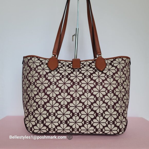 KATE SPADE Spade-Flower Jacquard and Leather Medium Open Tote- Burgundy Multi⭐ - Picture 7 of 16
